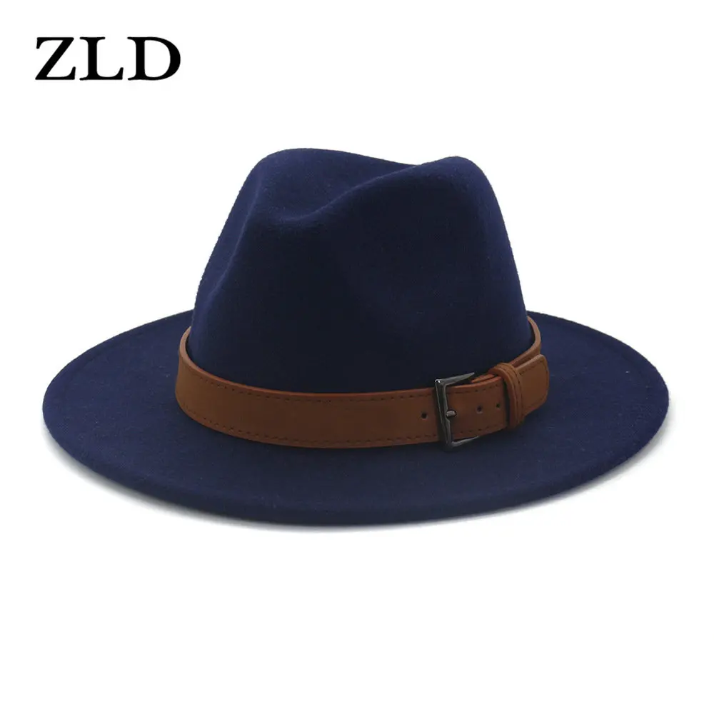 

ZLD Winter New Belt Buckle Men British Style Jazz Hat Ladies Big Brim Cap Fashion Casual Flat Brim Women Caps Fedoras Hat Unisex