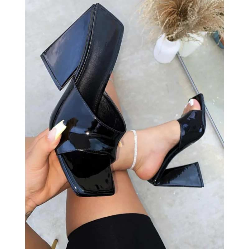 High Heels Summer High-heeled Slippers Women Triangle Thick Heel Slippers Sexy  Square Toe Thick Heel Open-toe Slip on Sandals
