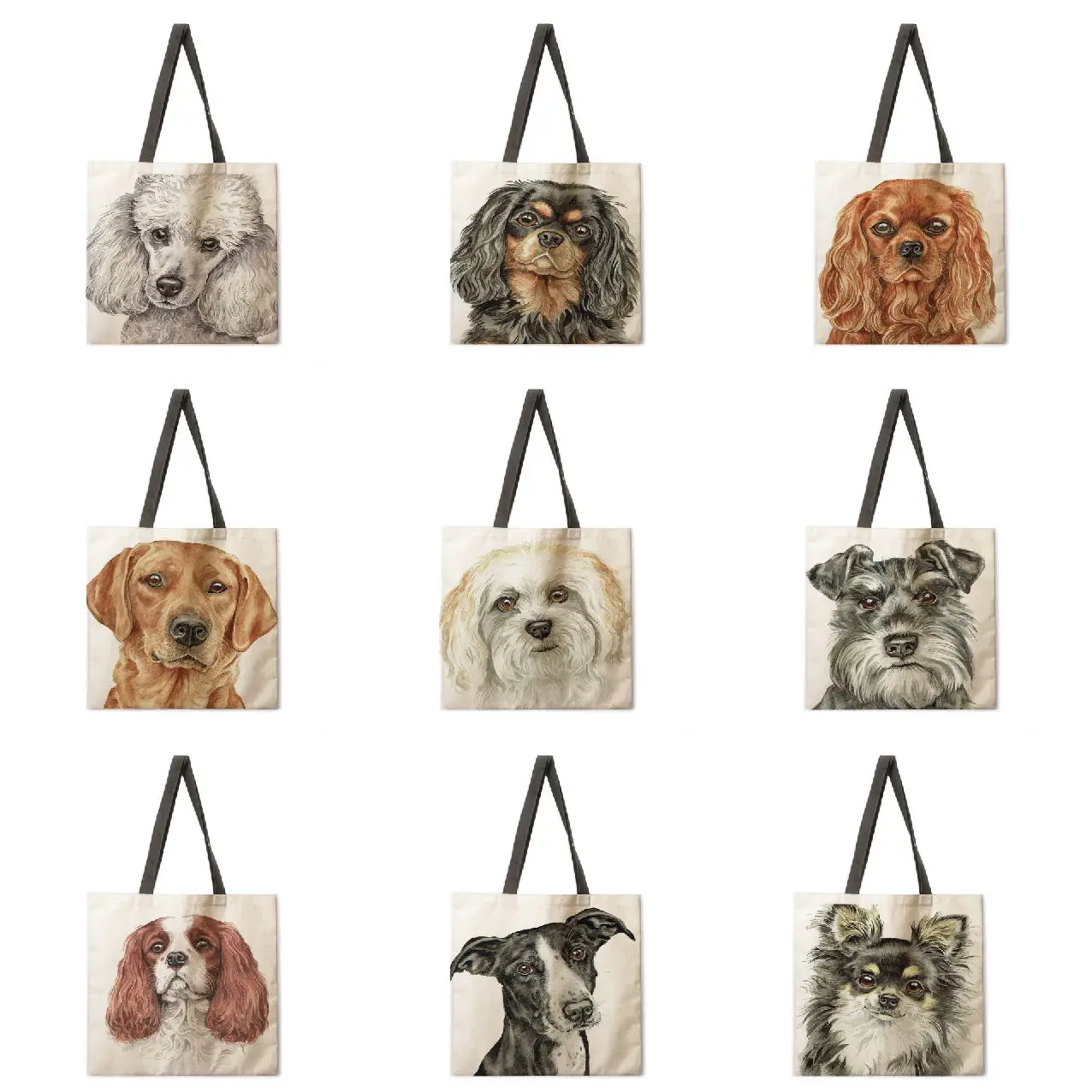 

Oil painting dog printing women's shoulder bag double-sided printing women's handbag shopping bag foldable and reusable