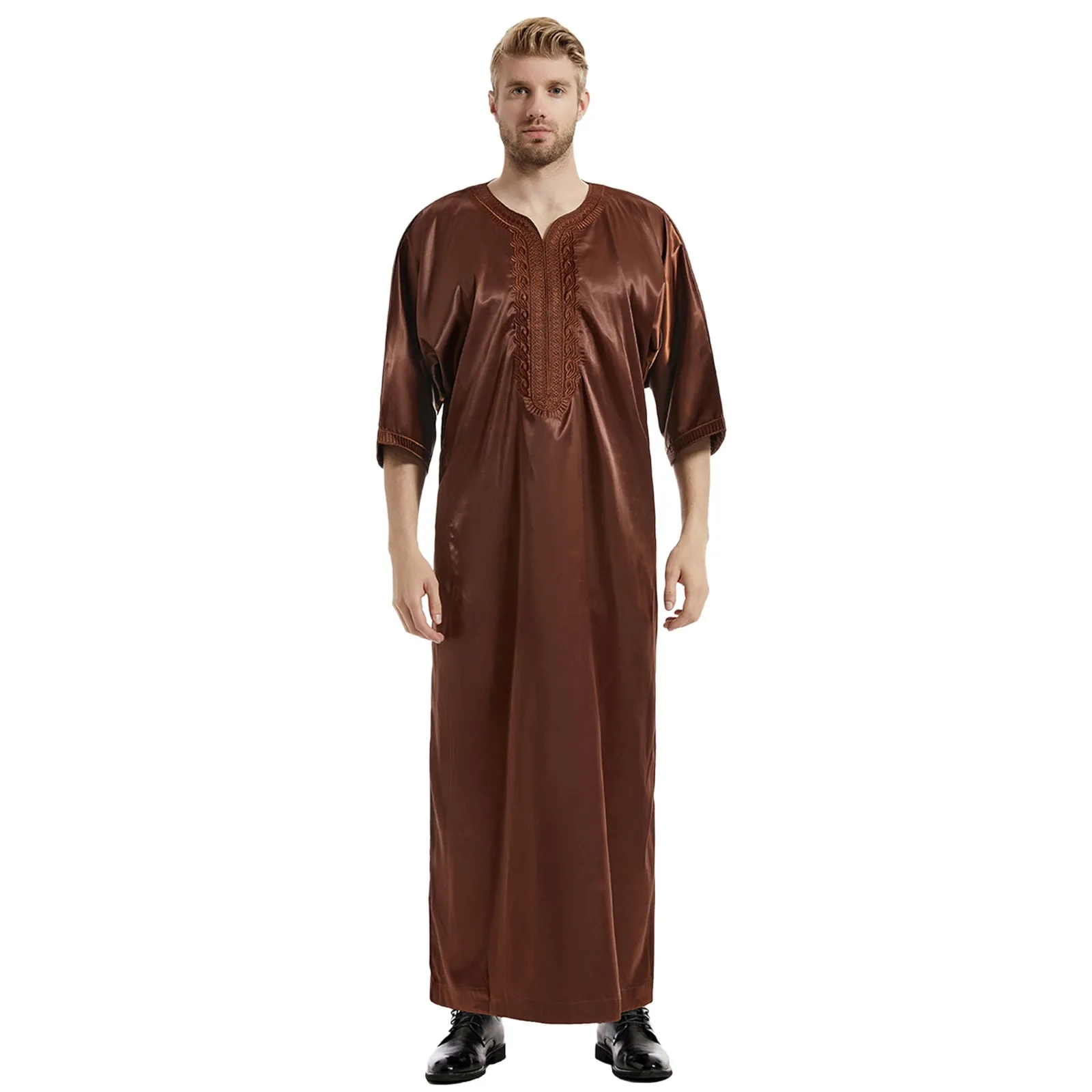 Men's Casual Muslim Arab Middle Satin Embroidered Robe With Mid Sleeve Holiday Vintage Print