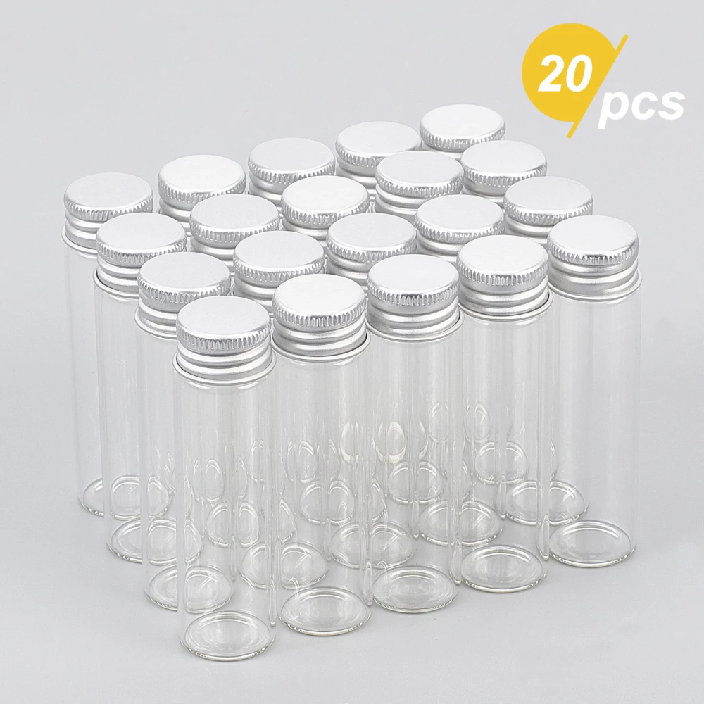 20pcs Clear Glass Bottles 20ml Mini Empty Jars with Screw Aluminum Cap Silicone Stopper For Wedding Home Decoration Gifts