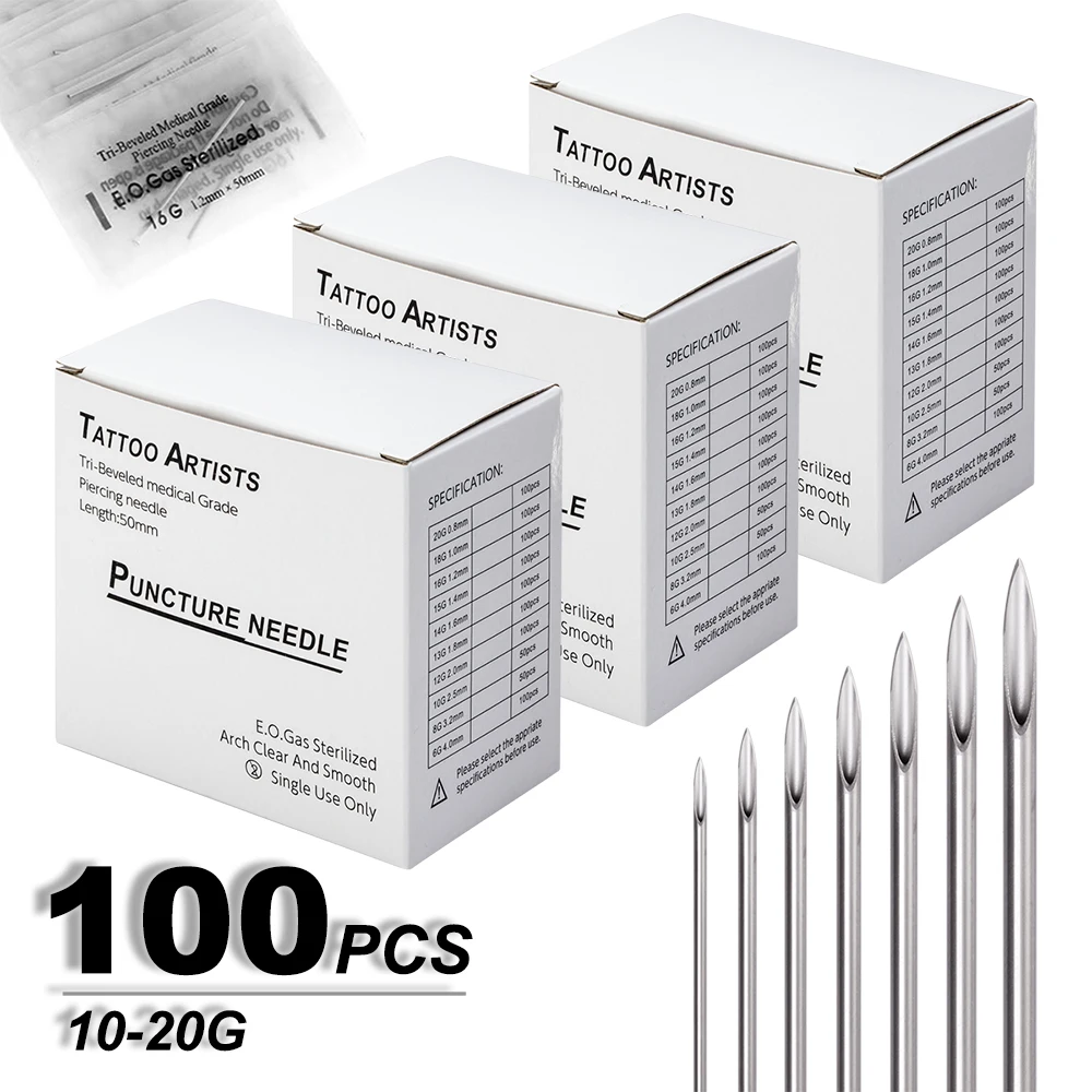 200Pcs/Box Piercing Needles Surgical Steel Disposable Body Piercing Needles E.O.Gas Sterilized Permanent Makeup Tattoo Needles
