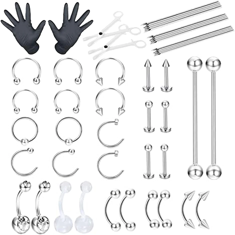 

45 Pcs Professional Piercing Kit Stainless Steel Belly Button Tongue Tragus Cartilage helix Nipple Eyebrow Nose Ring Lip Body