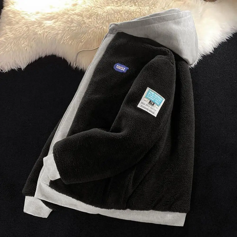 

Gift for Boyfriend Winter Hooded Sweatshirt Coat with Zipper Drawstring Pockets Colorblock Patchwork Thick Warm for Couples