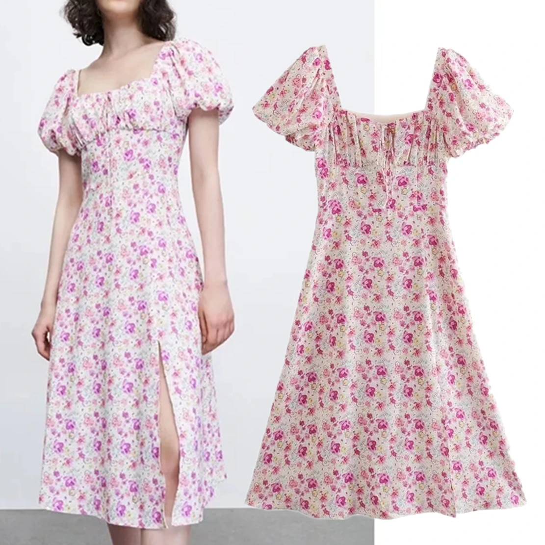 

Withered French Style Indie Folk Print Square Collar Puff Sleeve Pleated Forking Sexy Midi Dress Casual Summer Party Dress Women