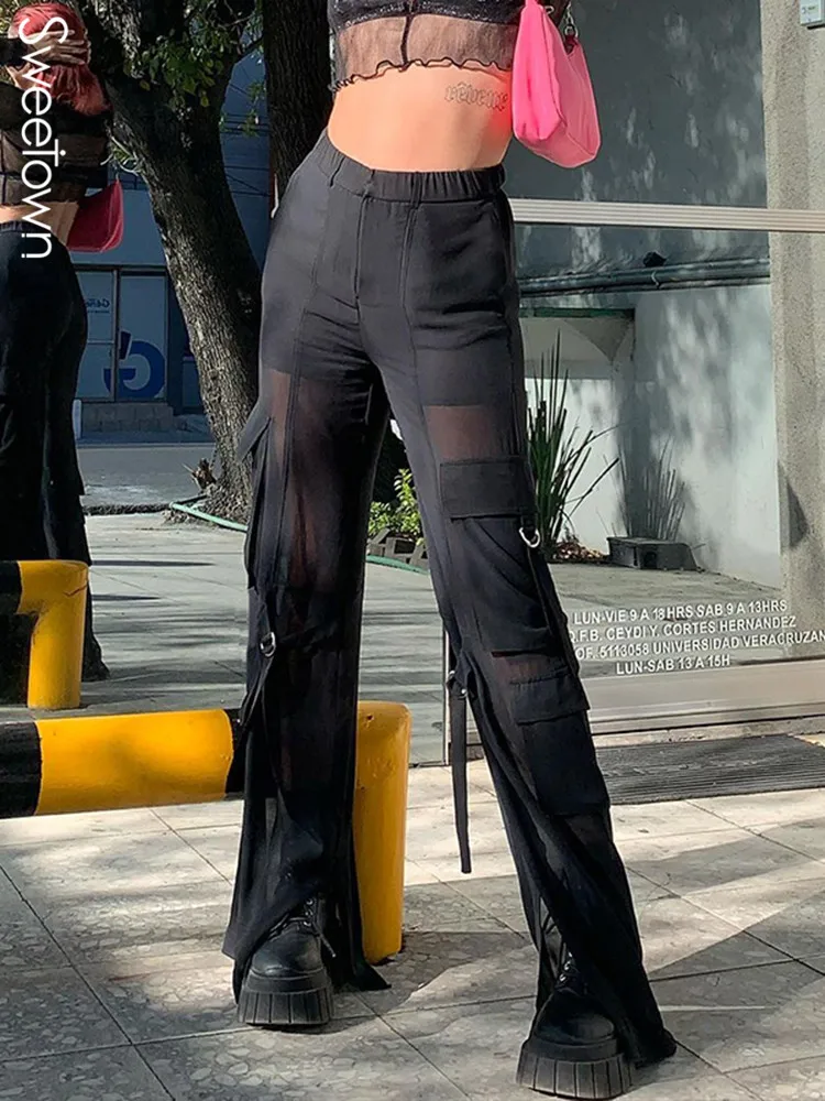 

Sweetown Mesh Patchwork See Through Split Cargo Pants Women Pockets Black Goth Techwear High Waist Straight Joggers Korean