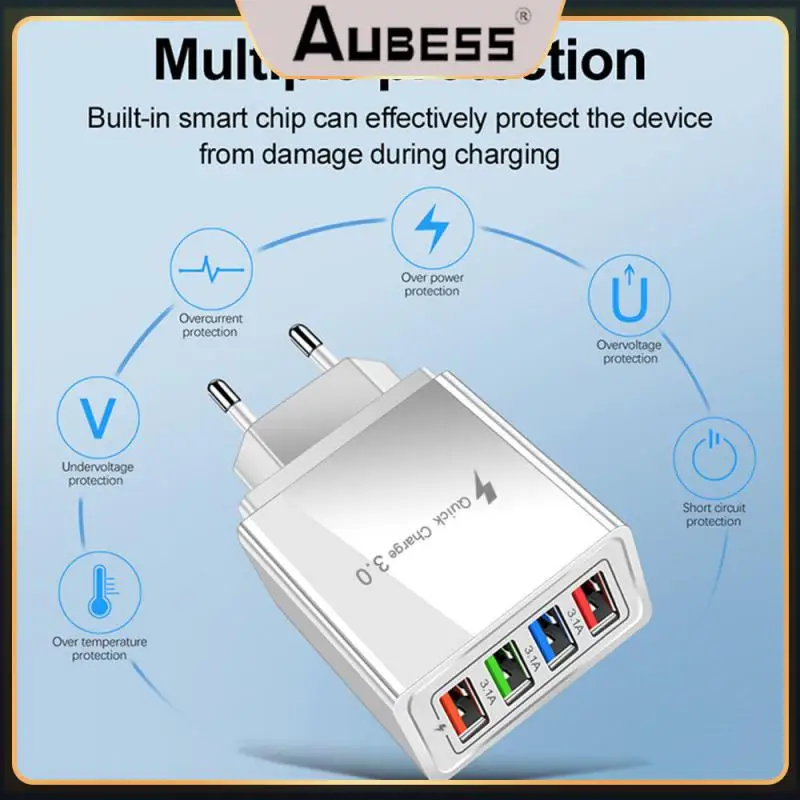 

4usb Multi-port Phone Charger With Led Light Illuminated Travel Fast Charging Head Adapter EU/US/UK Plug