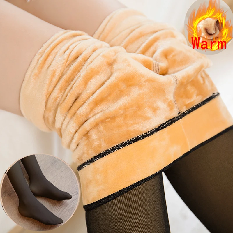 

2022 Winter Woman Pantyhose Translucent Wool Sock Pants Winter Stocking Fleece Lined Tights Thermal Pants Legging Fake Pantyhose