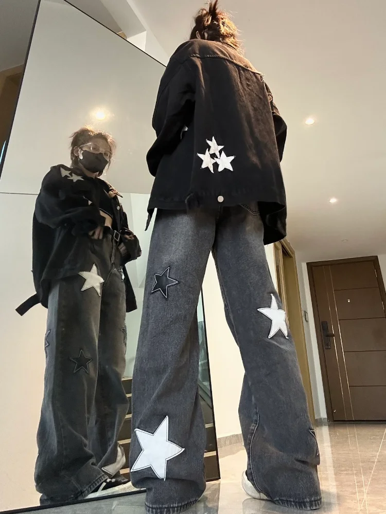 Deeptown Y2k American Retro Denim Pants Women Vintage Gothic Goth Punk Star Print Straight Trousers 2023 Autumn Fashion New In