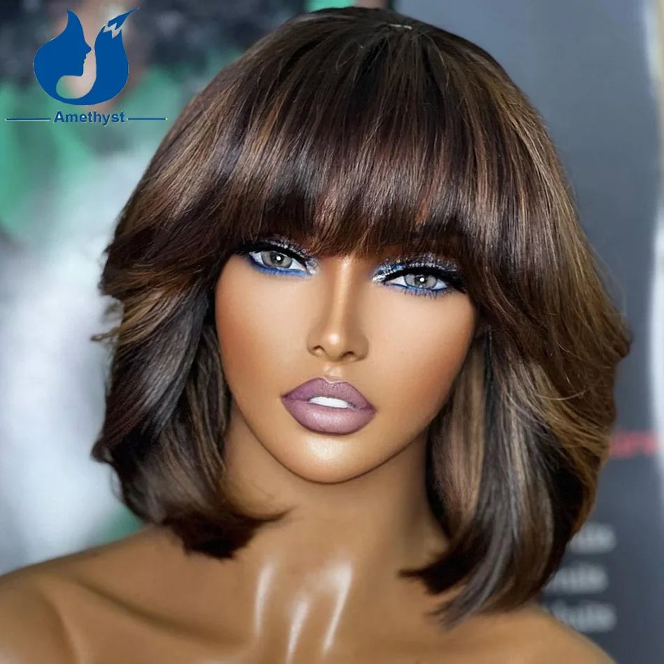 Amethyst Highlight Short Bob Wigs For Black Women Full Machine Bang Wig Human Hair O Scalp Top Brazilian Remy Pixie Cut Ombre