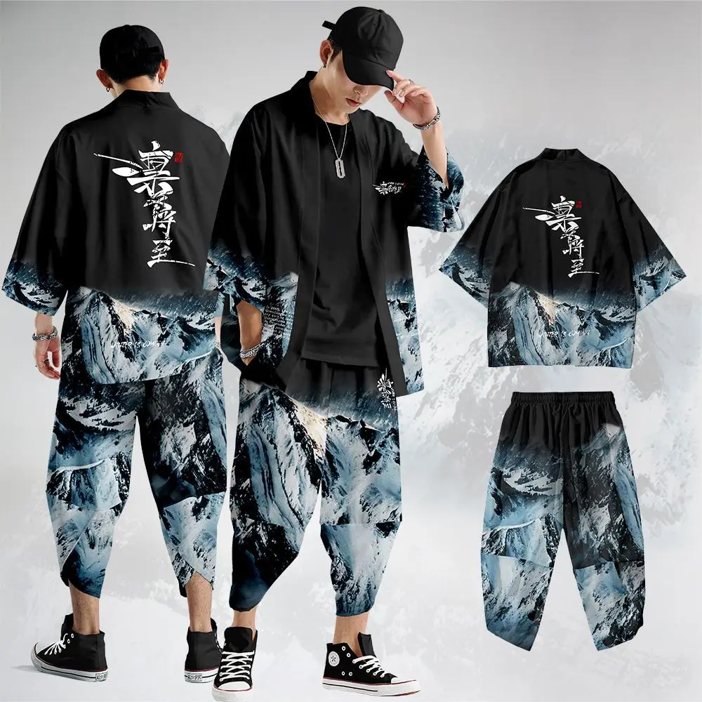 

Harajuku Samurai Cardigan + Pants Sets Loose Japanese fashion Print Kimono For Men Cosplay Yukata Clothing Summer Beach Jacket