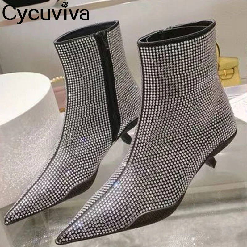 

Женские ботильоны с блестками, зимние Ботинки на каблуке с заостренным носком, с кристаллами