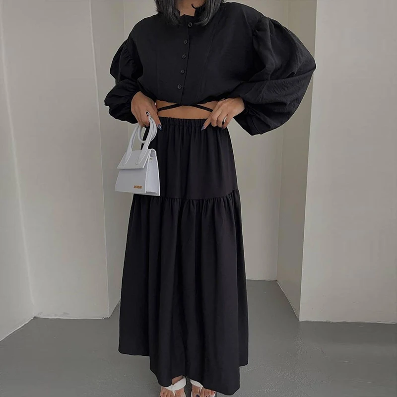 

Осенние свободные похожие костюмы, повседневный топ с воротником-стойкой на пуговицах с длинным рукавом и юбка, комплект для женщин, сексуальные обтягивающие ажурные короткие наряды