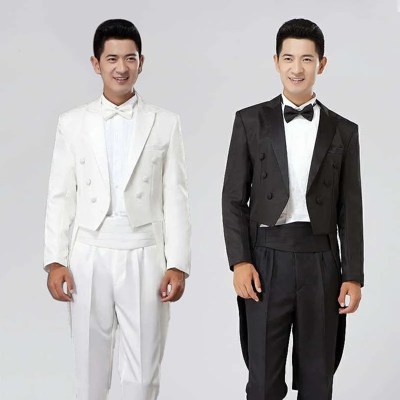 

Men's Suits & Blazers Classic Black White Shiny Lapel Tail Coat Long Tailcoat Tuxedo Wedding Groom Stage Singer 2 Piece Formal