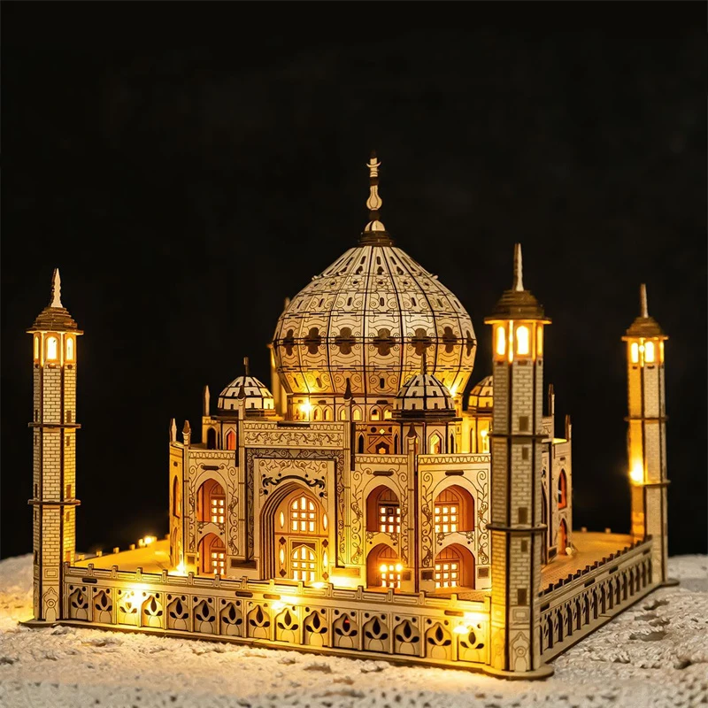 DIY 3D Taj Mahal Wooden Miniature Building Kit World Famous Architecture with Light Jigsaw Puzzle Toys for Children Xmas Gifts