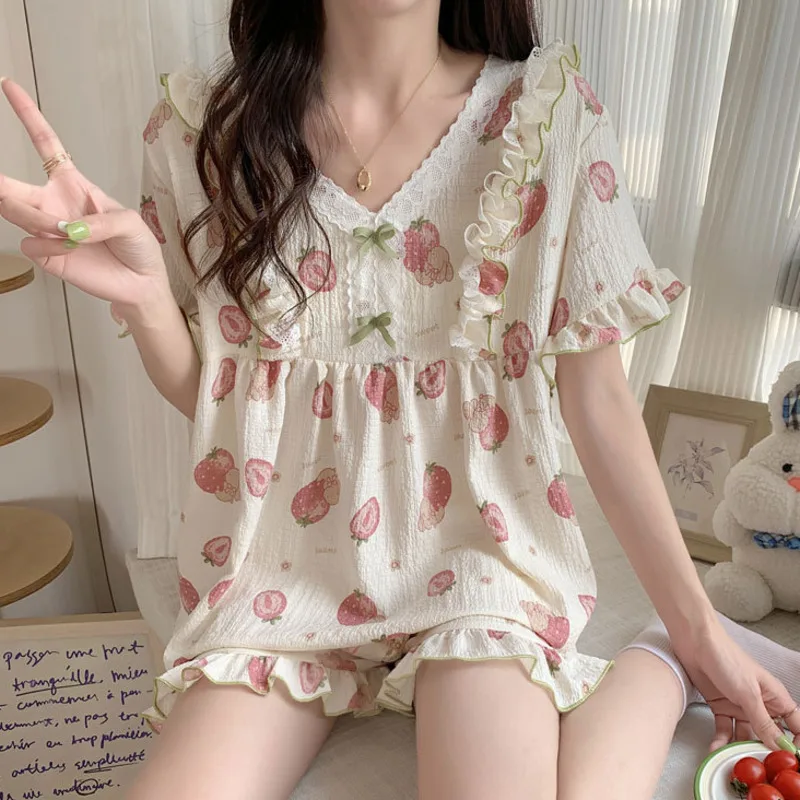

2PCS Pajama Set for Women Short Sleeve Print Korea Style Girl Sweet Sleepwear Shorts Summer Pajamas Nightwear Homewear Plus Size
