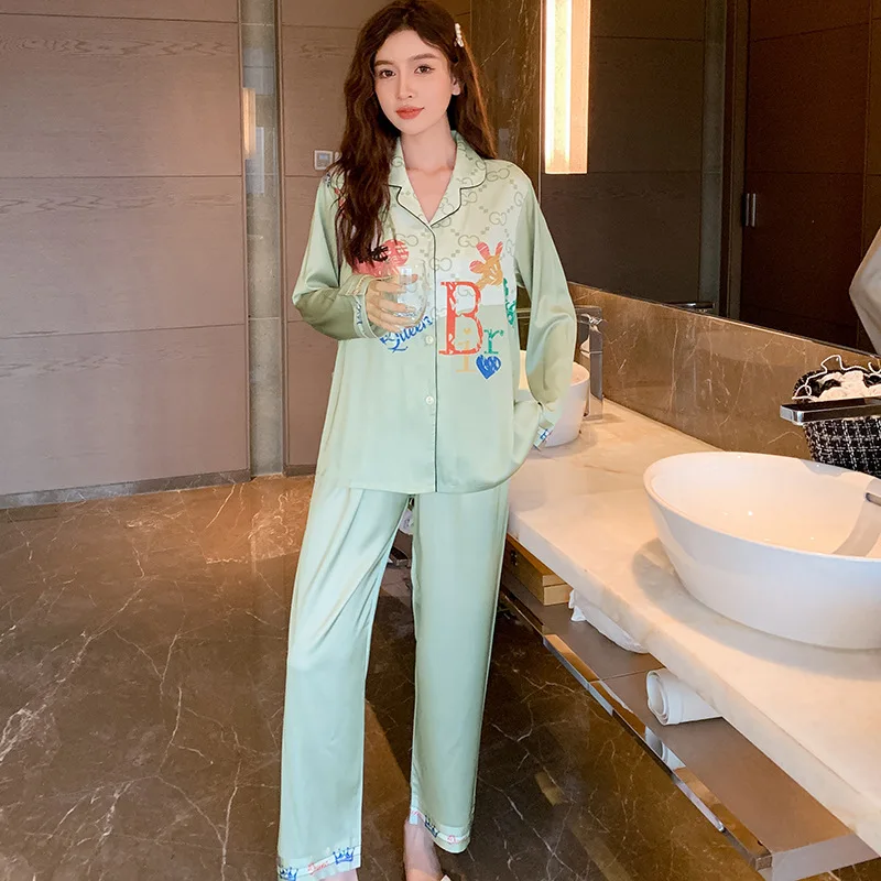 Ice silk pajamas women's autumn long-sleeved trousers thin two-piece suit  bộ đồ ngủ mùa hè nữ  pajamas for women