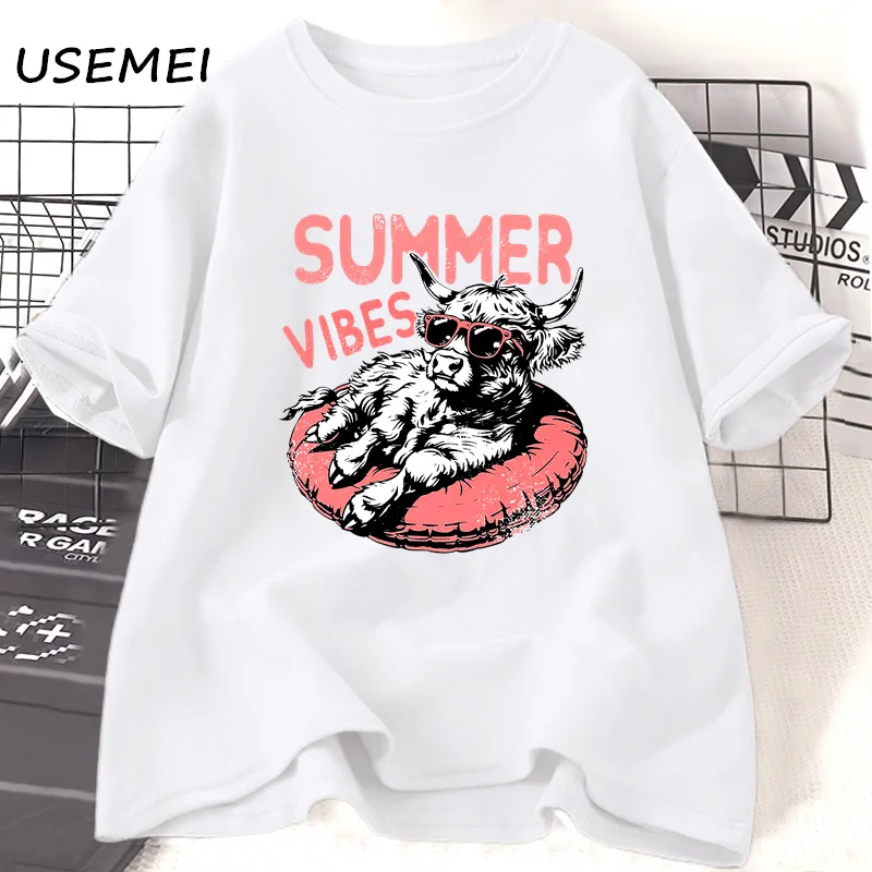 Летняя футболка Vibes дизайнерские футболки Highland Cow забавная Пляжная в стиле ретро