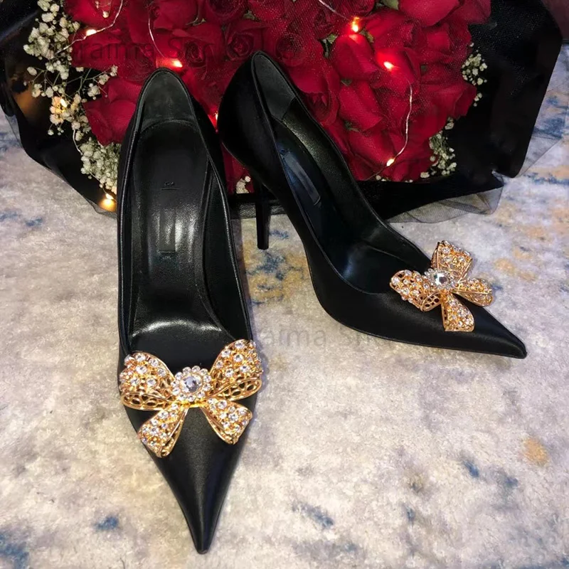 Rhinestone Bow Buckle Black Satin High Heels Female Stiletto Temperament Sexy Pointed Toe Women's Pumps Shallow Single Shoes