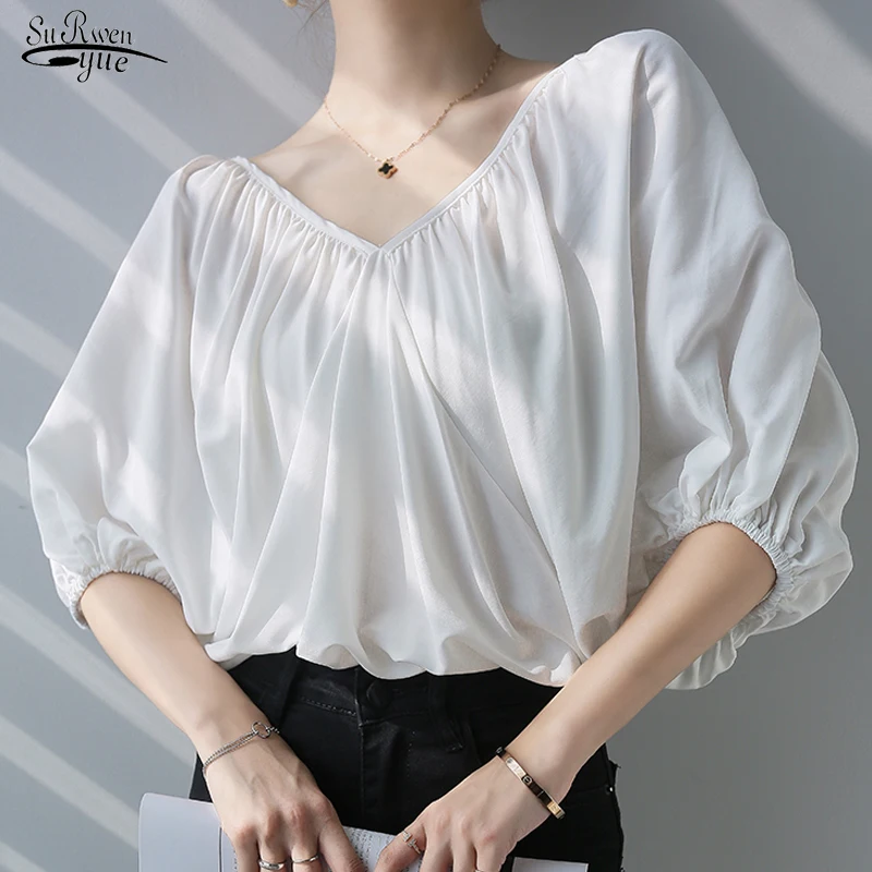 

Летняя плиссированная Женская одежда с V-образным вырезом и коротким рукавом, модная Свободная шифоновая рубашка в Корейском стиле, Повседн...