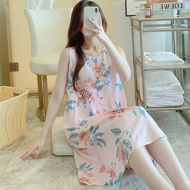 Round-neck Sleeveless Pajamas Big Size Women's Clothing Summer Nightgowns Attractive Nightwear Sleevewear Printing Loungewear