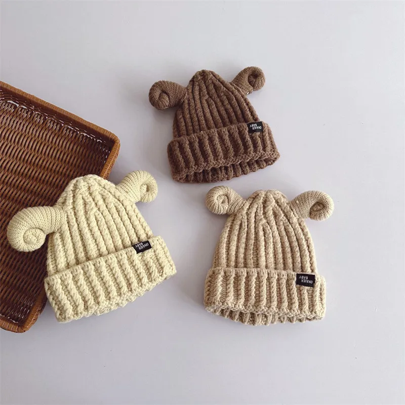 

48-52cm Ins Cute Little Sheep Children Knitted Hat 2023 Vintage Color Baby Fried Dough Twists Warm Sleeve Headcap