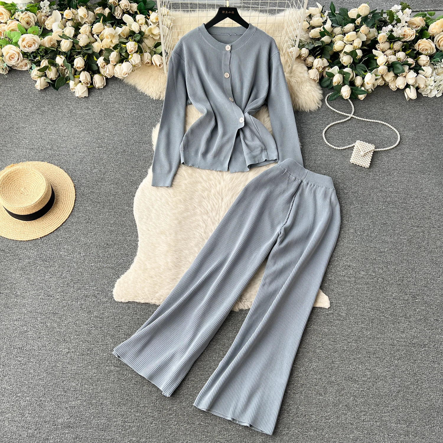 

Niche Retro Long-sleeved Single-breasted Cardigan Knitted Top Women's Two-piece Casual High Waist Slim Wide-leg Long Pants