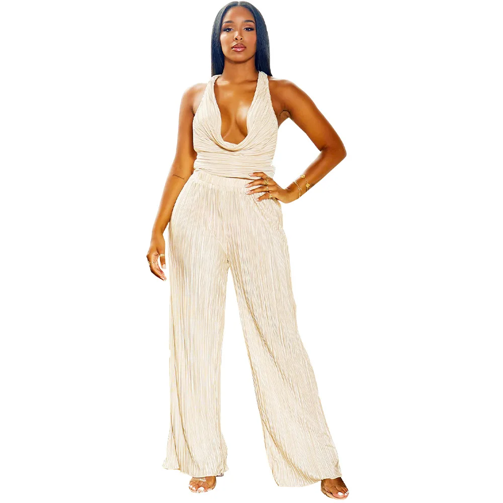 

Casual Sexy Women Pants Set Female 2PCS Outfits Girl's Cropped Halter Tops Wide Leg Pants Suit Lady's Pleated Two Piece Sets