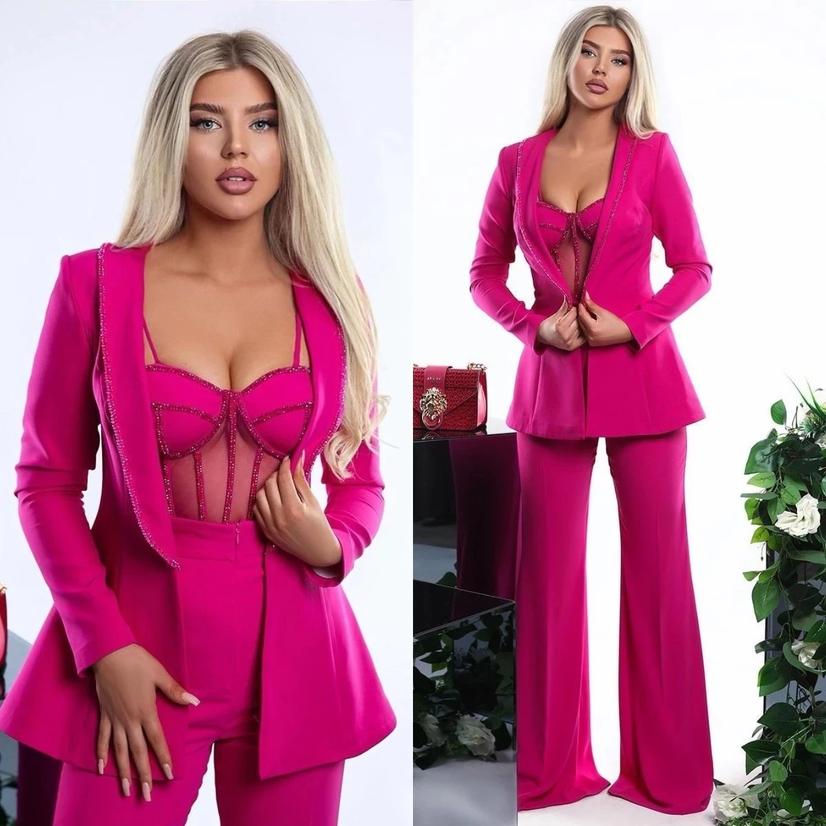 

2 Pieces Designer Women Blazer Sets One Button Jacket With Wide Leg Pants Formal Business Pantsuits Custom Made