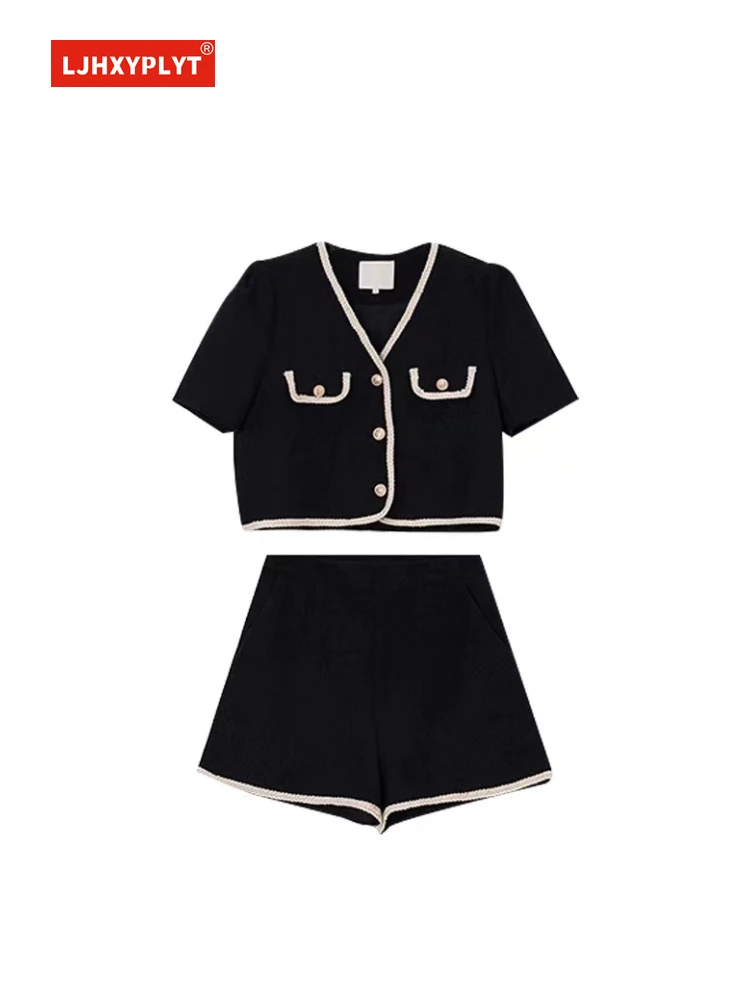 

Короткий кардиган контрастных цветов с V-образным вырезом, брюки, Женская Новинка из двух предметов, модная однобортная рубашка, костюм с прямыми шортами для женщин на лето