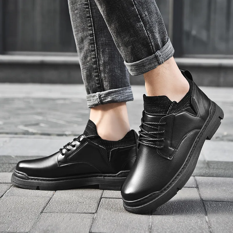 

Men's Leather Shoes Casual Comfort Non-slip Lace Up Round Toe Flats Wear-resistant Business Footwear chaussure cuir homme