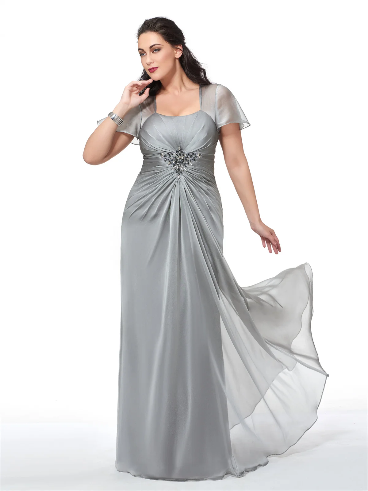 

Evening Dress Mother Clothing Square Neck Short Sleeve Long Dress 30d Chiffon Belt Diamond Decoration Elegant Exquisite 2023 New