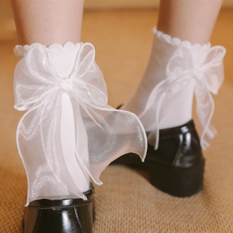 

Носки для девочек с бантом для девочек, мягкие белые кружевные носки в стиле "Лолита", женские милые носки до середины икры с рюшами и рюшами по щиколотку, платье, носки