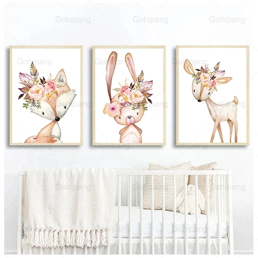 

Baby's Room Wall Canvas Painting Flower Rabbit Fox Deer Woodland Poster and Prints Picture Art Home Decoration for Children