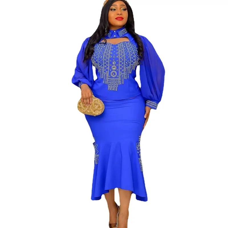 

African Clothes Women Summer 2022 African Women Polyester Blue Yellow Two Pieces Sets Top and Skirts African Suit