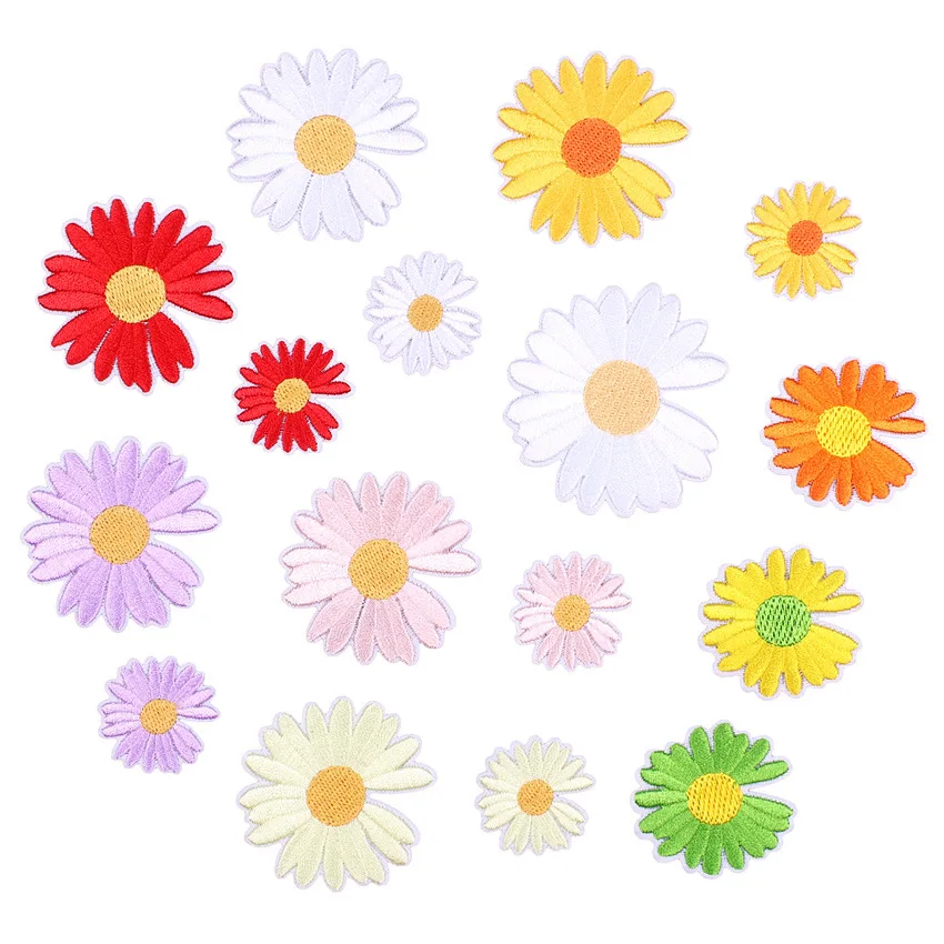 

16Pcs/lot Small daisy Flowers Iron on Embroidered Patches For on Clothes Hat Jeans skirt Sticker Sew DIY Applique Badge Decor