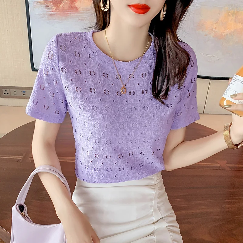

2022 Summer Korean version of the new fashion slim crew neck niche temperament hollow short sleeve T-shirt lace shirt 22628