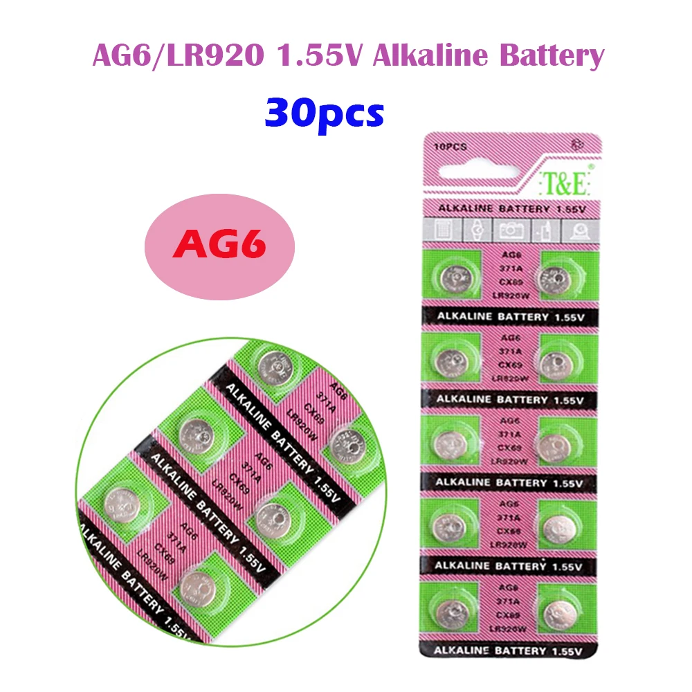 AG6 30 шт. = 3 карты 40 мА/ч AG 6 1 55 V Щелочная батарейка-кнопка 605 371 D371 SR69 SR920SW плоский