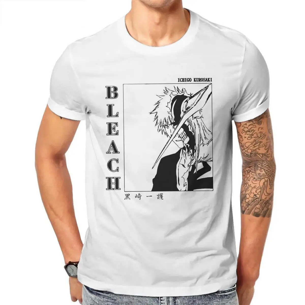 

Men T-Shirts Bleach Ichigo Kurosaki Anime Leisure Cotton Tee Shirt Short Sleeve T Shirt Crew Neck Tops Gift Idea