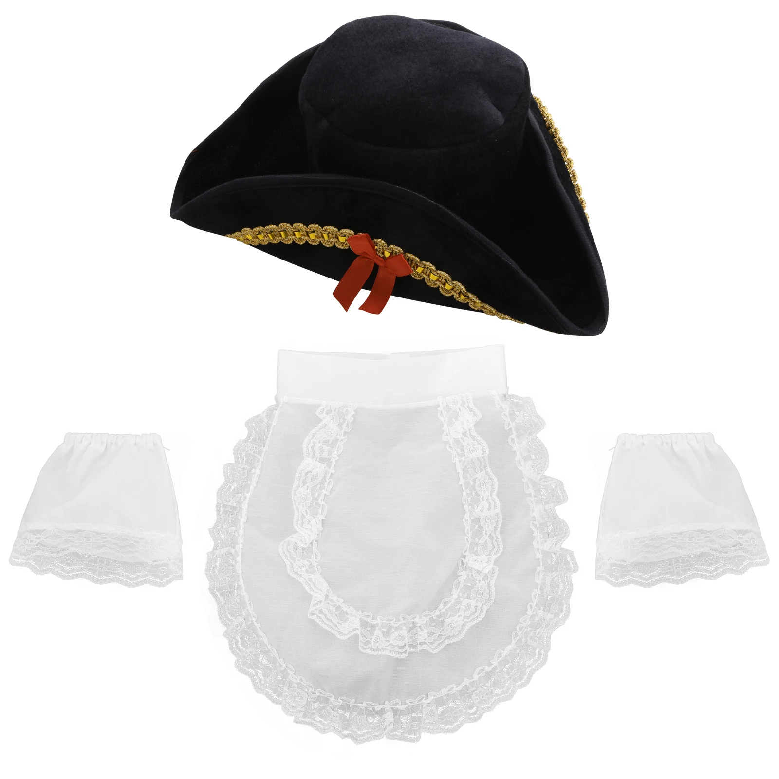 

Adult Kids Detachable Victorian Mock Neck Ruffled Lace Jabot Collar Cuffs with Pirate Captain Hat Stage Party Steampunk Costume