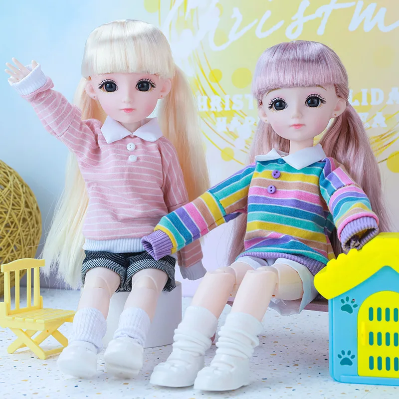

28cm Doll Set with Bangs Double Ponytail 1/6 Bjd Doll Accessories Suit Rainbow/ Pink Striped Clothes Girls Dress Up Toy