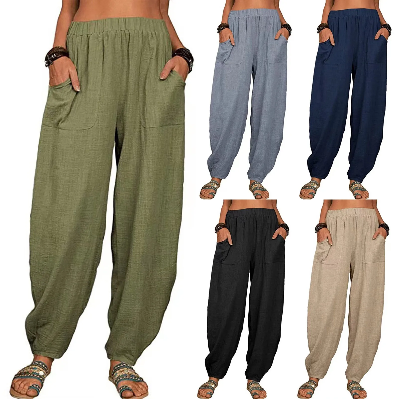 

Women Summer Pull On Pants Casual Loose Cotton And Linen Solid Color High Waist Beach Trousers Tapered Pants With Pockets