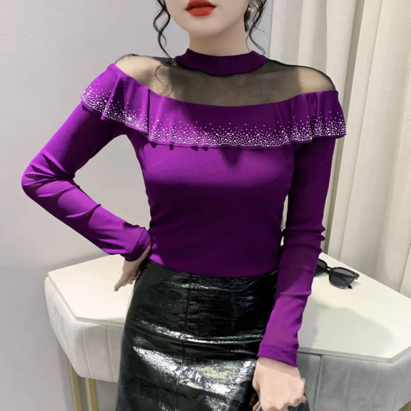 

Черная фиолетовая офисная Сетчатая футболка, Женская облегающая Прозрачная Футболка с оборками и бриллиантами, Тонкая ажурная короткая футболка, осень