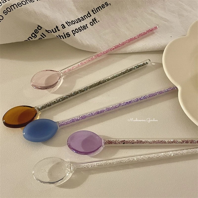 

Mushrooms Garden Korean Retro Shiny Colorful Spiral Spoon Transparent Long-handled Glass Spoon Coffee Stirring Stick Beautiful