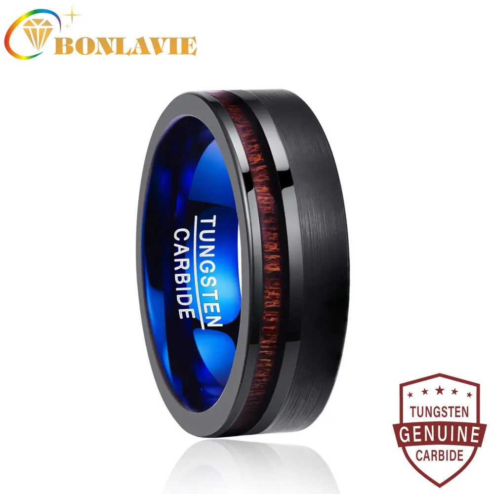 

BONLAVIE 8mm Koa Wood Inlay Tungsten Carbide Ring Wedding Band Men Ring Black Brushed Promise Ring Flat Edge Comfort