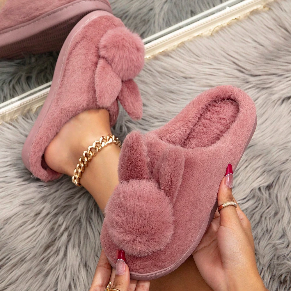 

Cute Rabbit Ear Decor Girls Winter Fur Slippers Keep Warm Plush Bedroom Ladies Cotton Shoes Home Women Fluffy Slippers