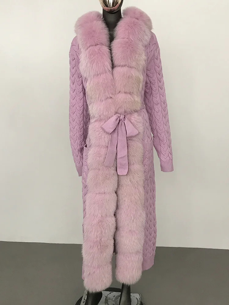 Кардиган женский вязаный со съемным натуральным лисьим мехом на шнуровке