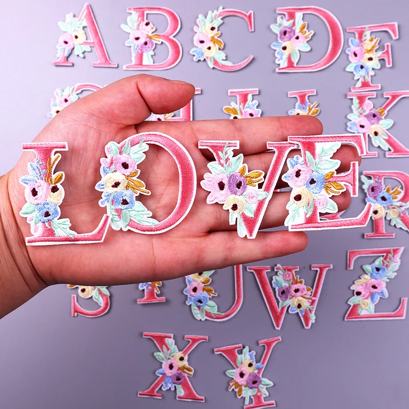 

English Letters Flowers Embroidered Patches For Children Clothing Bags Jeans Sewing On Accessories DIY Name Patch Applique Badge