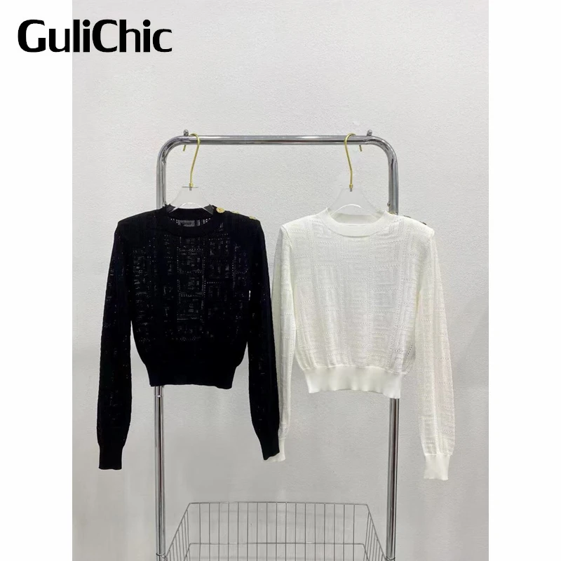 

7.30 GuliChic Women Round Neck Shoulder Pads Button Decoration Geometric Hollow Out Knitted Short T-Shirt