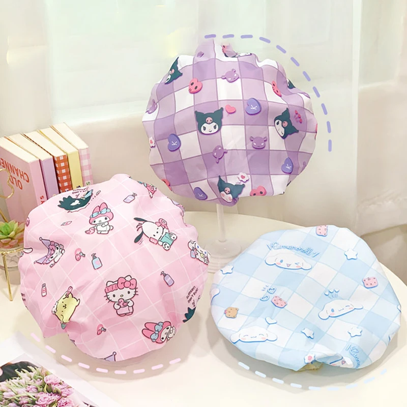 

Hello Kitty Double Layer Shower Cap Sanrio Cinnamoroll Anime Cartoon Wash Cap Waterproof Shower Cap Kitchen Fume Nursing Hat